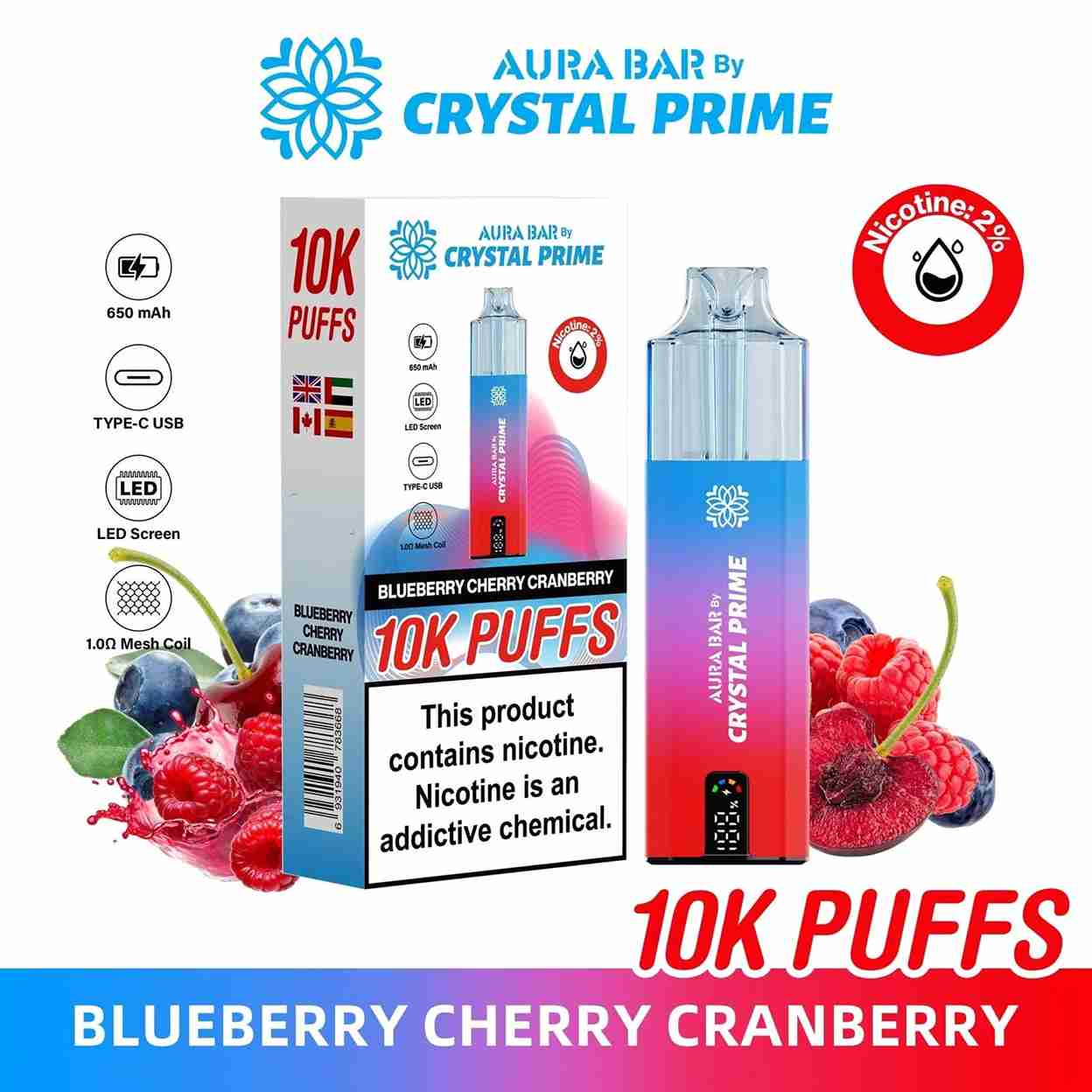 Crystal Prime Aura Bar 10000 Prefilled Pod Kit - Box of 5