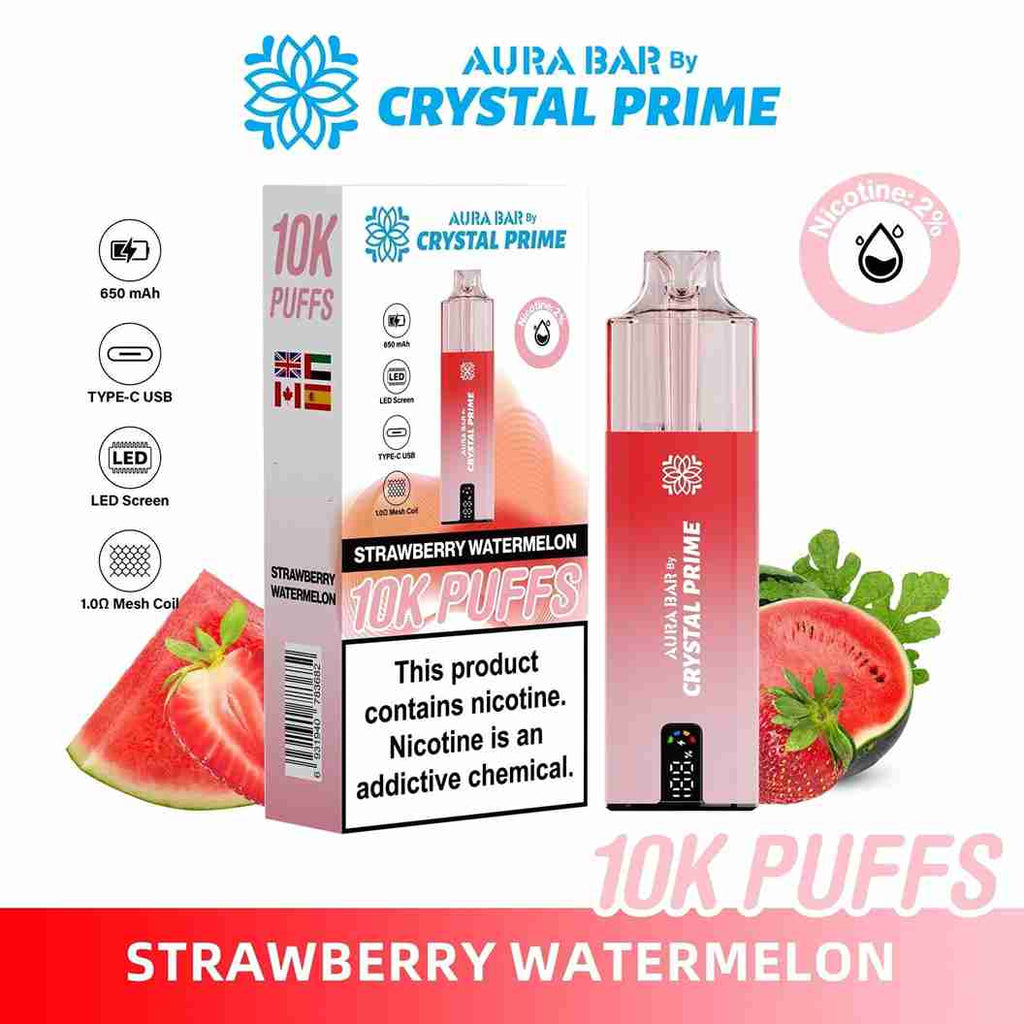 Crystal Prime Aura Bar 10000 Box of 5 - Prefilled Pod Kit - Flavour Strawberry Raspberry Ice available at UK Vaper Wholesale