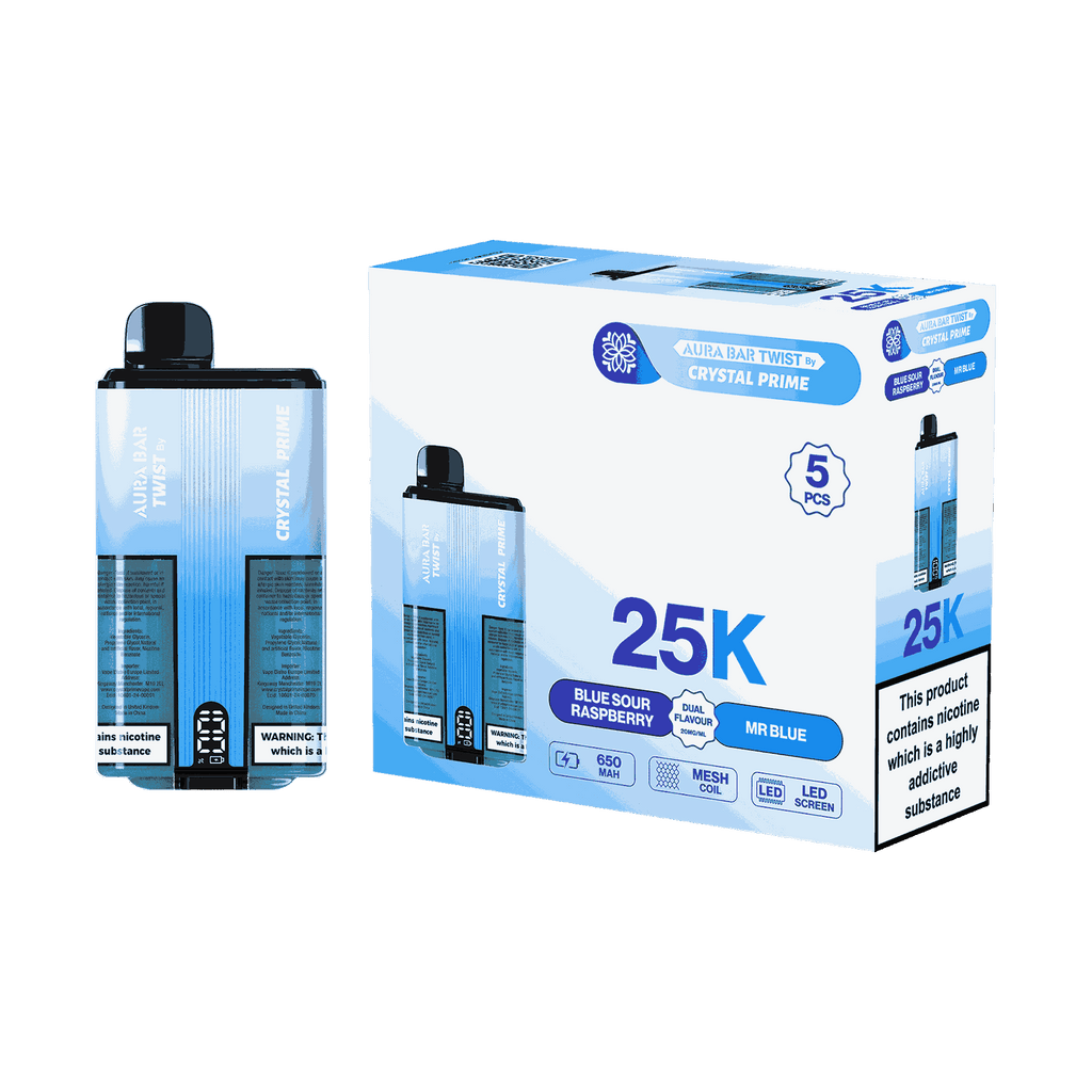 Aura Bar Twist 25000 Puffs by Crystal Prime - Box of 5 with Blue Sour Raspberry and Mr Blue flavour