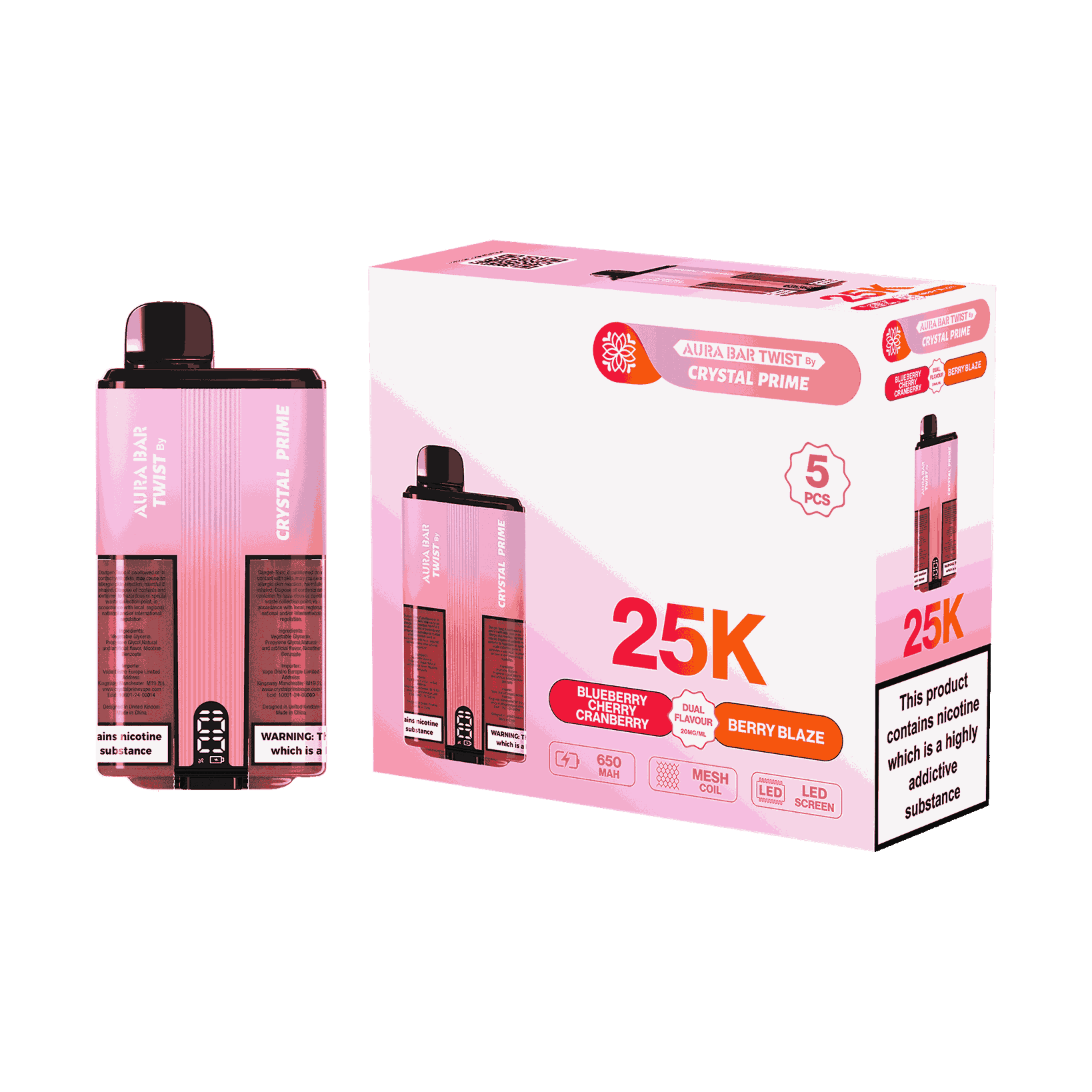 Aura Bar Twist 25000 Puffs by Crystal Prime - Box of 5 with Blueberry Cherry Cranberry and Berry Blaze flavour