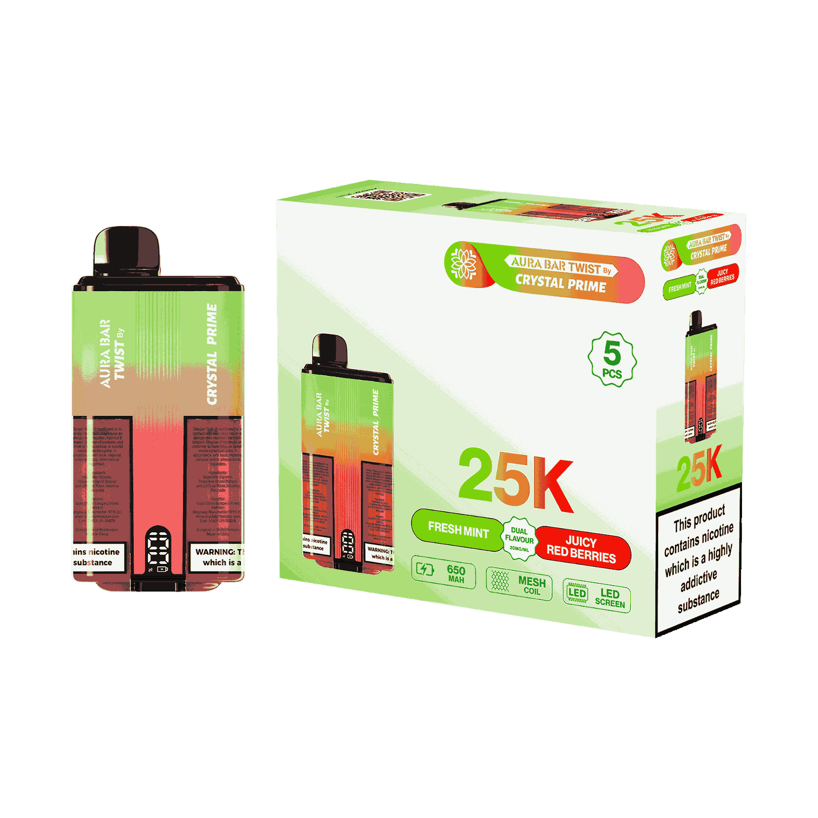 Aura Bar Twist 25000 Puffs by Crystal Prime - Box of 5 with Fresh Mint and Juicy Red Berries flavour