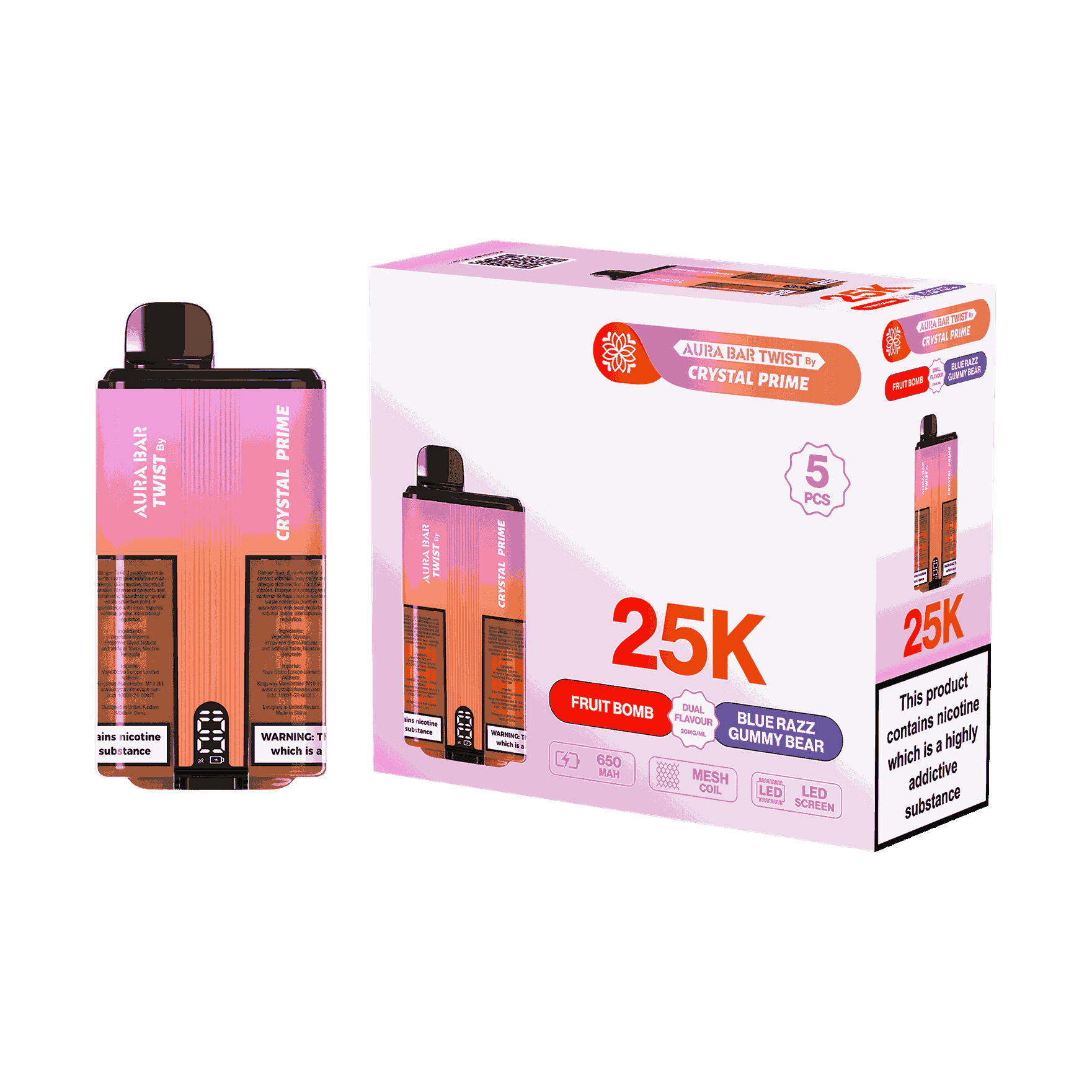 Aura Bar Twist 25000 Puffs by Crystal Prime - Box of 5 with Fruit Bomb and Blue Razz Gummy Bear flavour