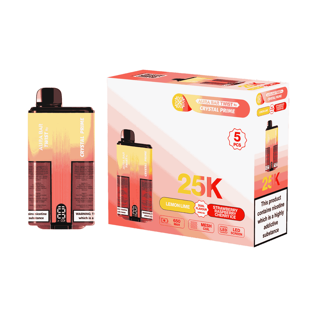 Aura Bar Twist 25000 Puffs by Crystal Prime - Box of 5 with Lemon Lime and Strawberry Raspberry Cherry Ice flavour