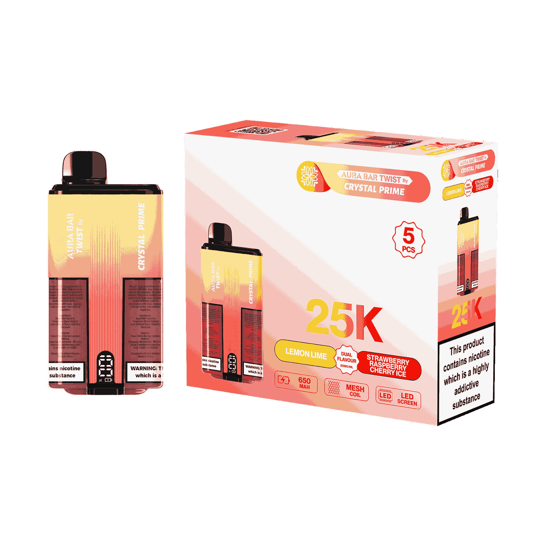 Aura Bar Twist 25000 Puffs by Crystal Prime - Box of 5 with Lemon Lime and Strawberry Raspberry Cherry Ice flavour
