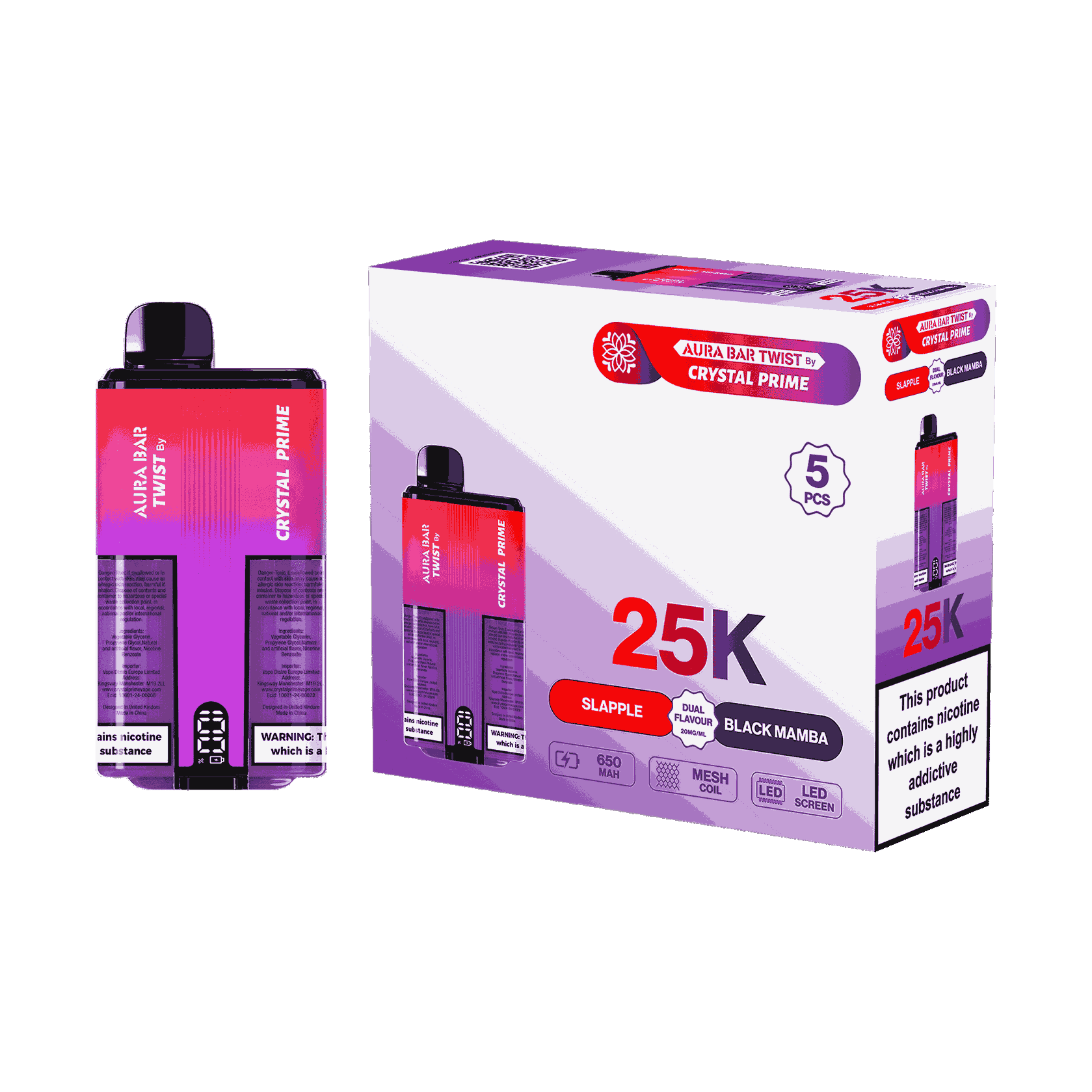 Aura Bar Twist 25000 Puffs by Crystal Prime - Box of 5 with Slapple and Black Manba flavour