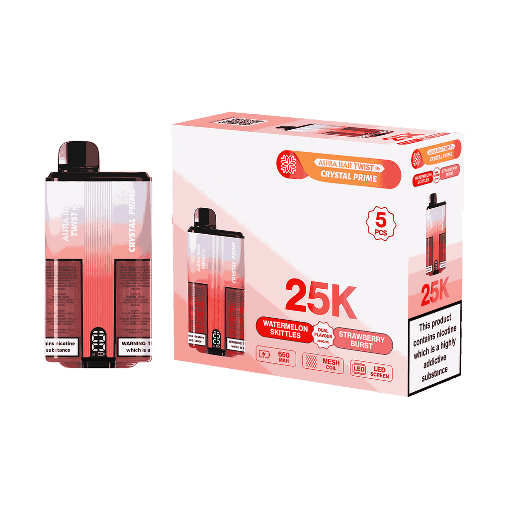 Aura Bar Twist 25000 Puffs by Crystal Prime - Box of 5 with Watermelon Skittles and Strawberry Brust flavour