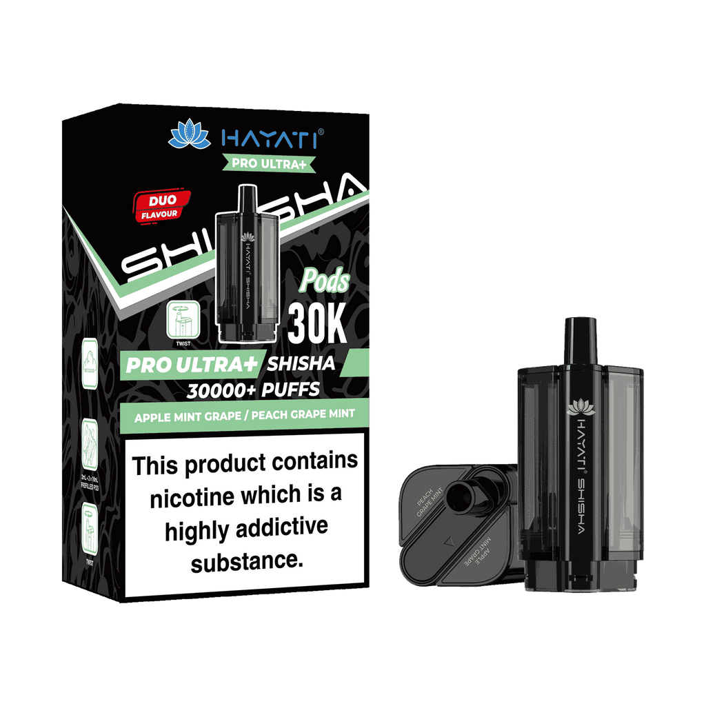 Hayati Pro Ultra Plus Shisha 30k Prefilled Pods Box of 5 - Wholesale Price ! with Apple Mint Grape and Peach Grape Mint flavour