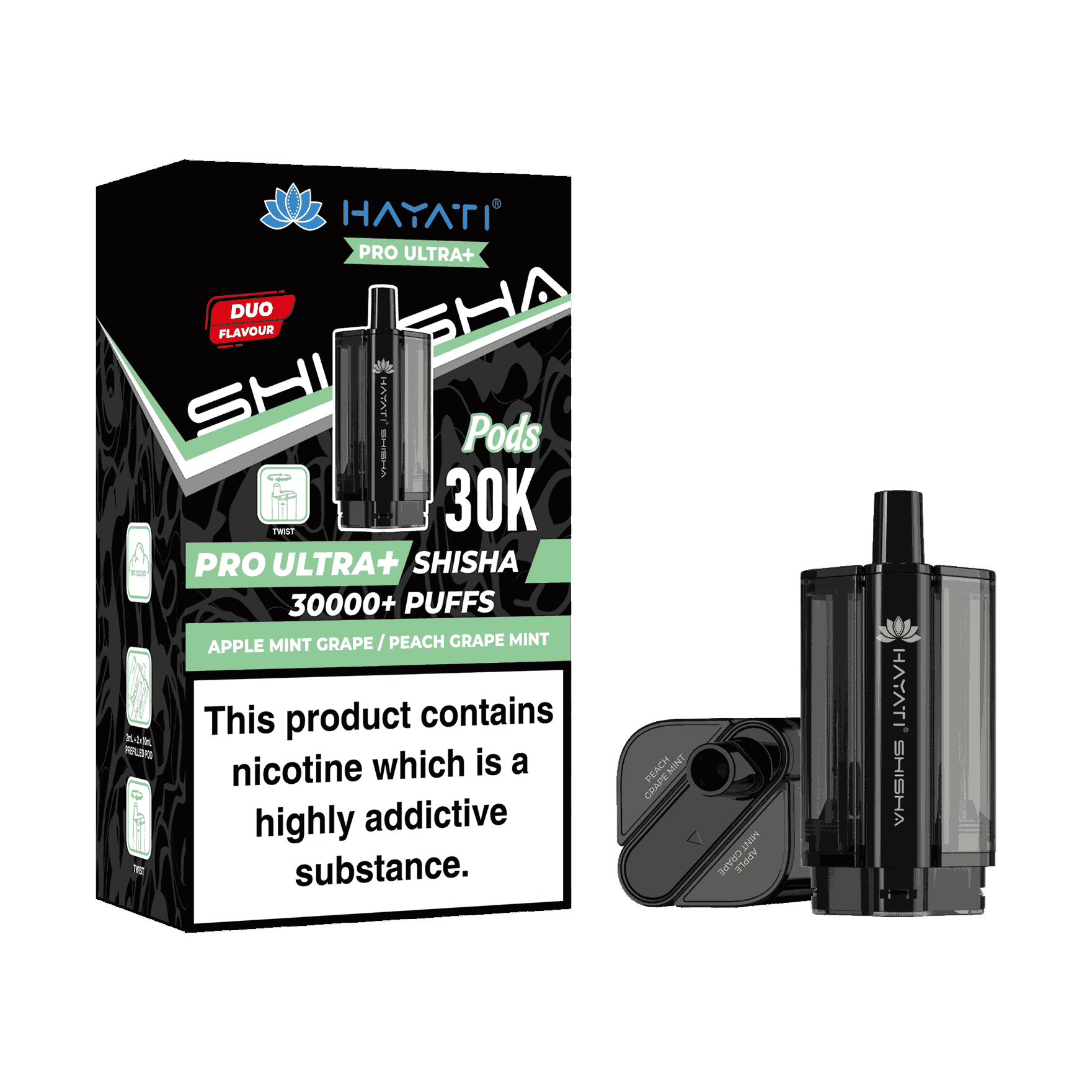Hayati Pro Ultra Plus Shisha 30k Prefilled Pods Box of 5 - Wholesale Price ! with Apple Mint Grape and Peach Grape Mint flavour