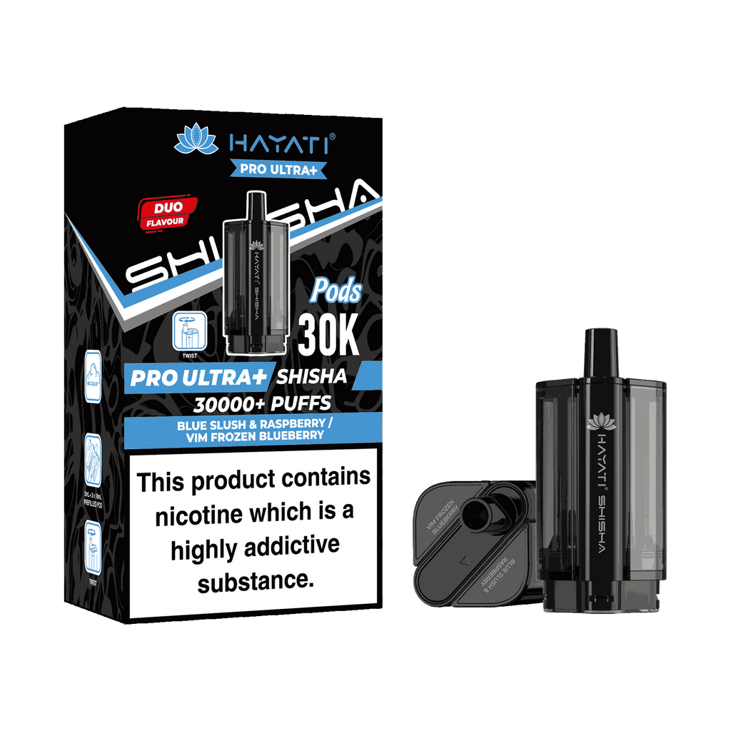 Hayati Pro Ultra Plus Shisha 30k Prefilled Pods Box of 5 - Wholesale Price ! with Blue Slush Raspberry and Vim Frozen Blueberry flavour