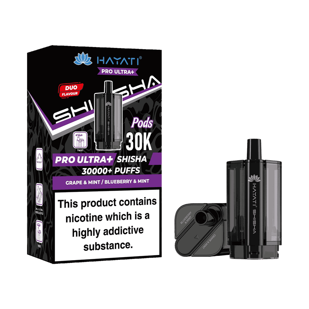 Hayati Pro Ultra Plus Shisha 30k Prefilled Pods Box of 5 - Wholesale Price ! with Grape & Mint and Blueberry Mint