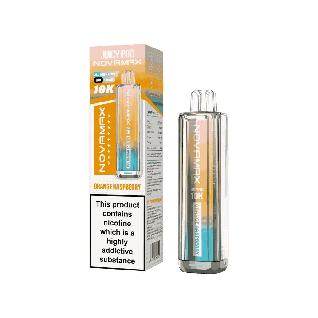Juicy Pod Novamax 10k Prefilled Pod Vape Kit - Pack of 5 available in Orange Raspberry Flavour 