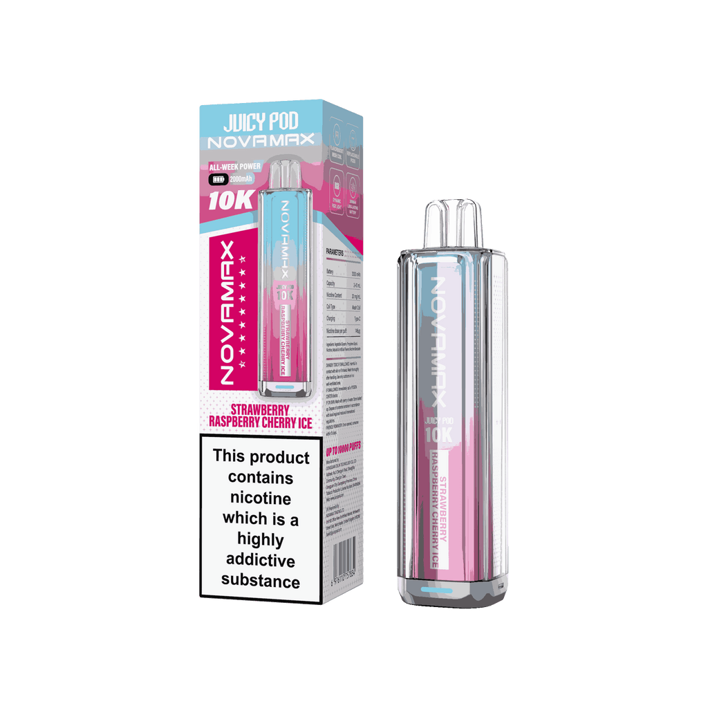 Juicy Pod Novamax 10k Prefilled Pod Vape Kit - Pack of 5 available in Strawberry Raspberry Cherry Ice Flavour 