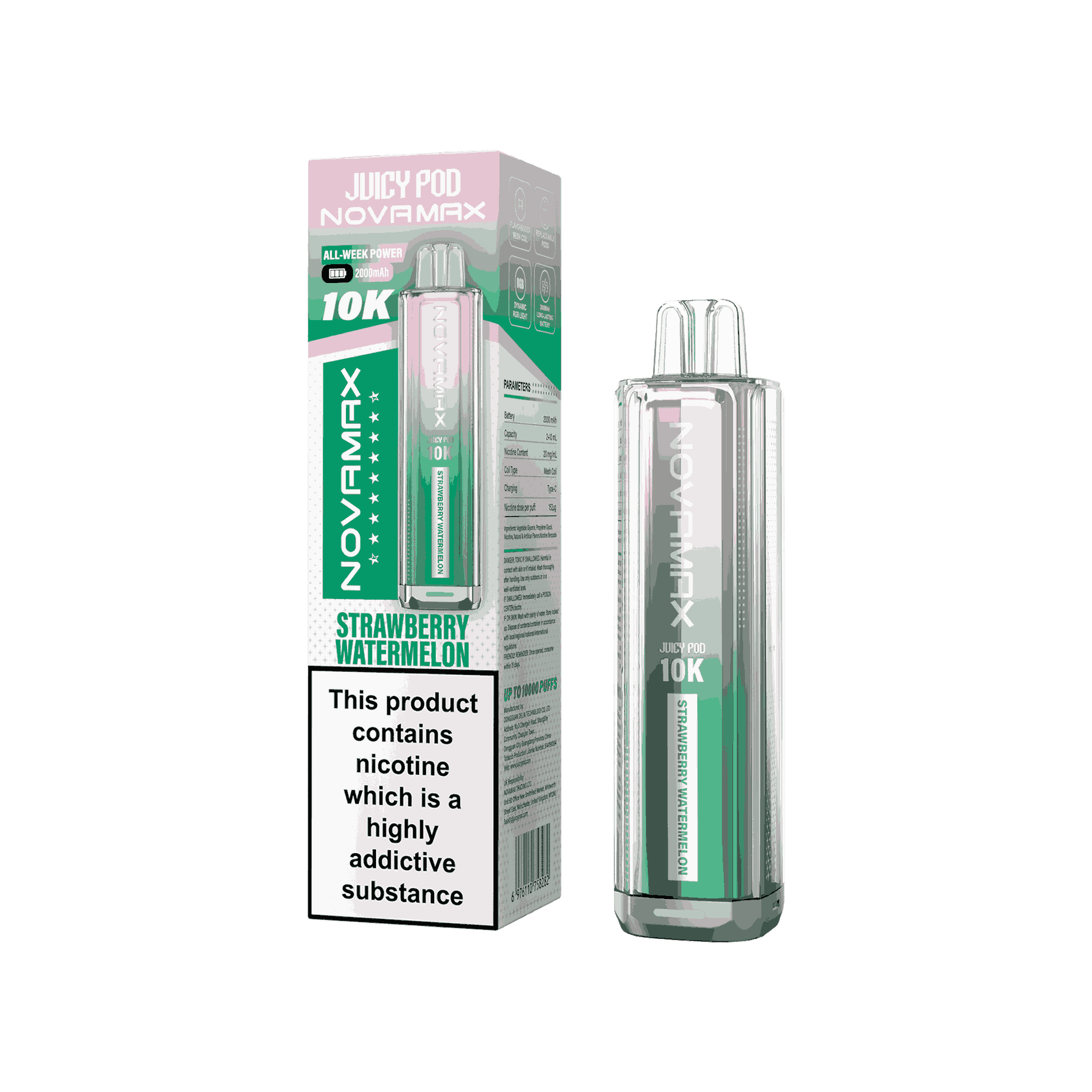 Juicy Pod Novamax 10k Prefilled Pod Vape Kit - Pack of 5 available in Strawberry Watermelon Flavour 