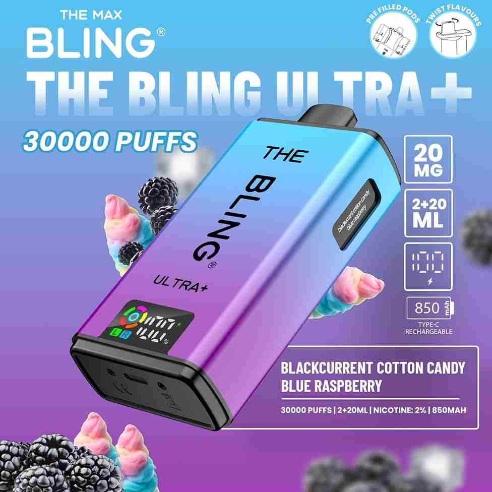 The Bling Ultra Plus 30k Prefilled Vape Pod Kit Box of 5, Blackcurrent, Cotton Candy, Blue Raspberry Flavour 