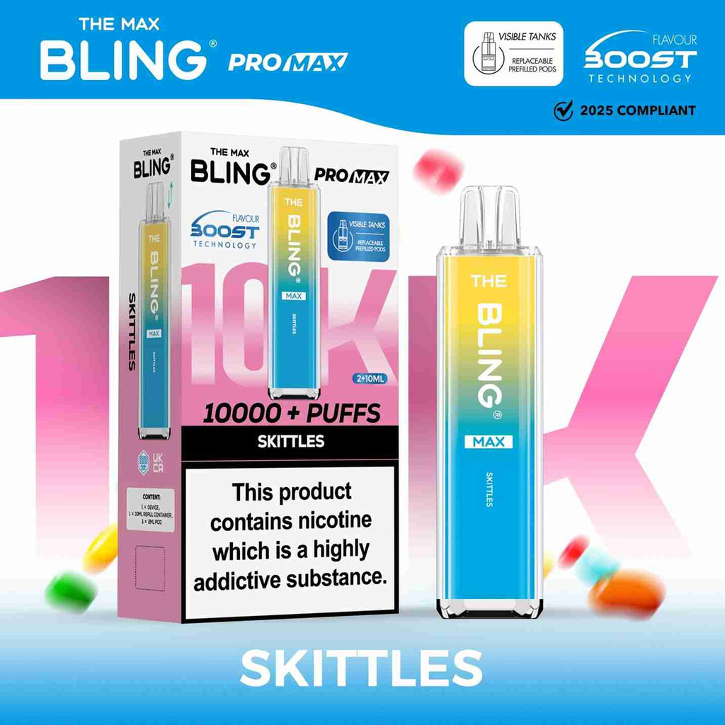 Image Of The Crystal Bling Max 10K Prefilled Pod Kit - Box of 5 with Skittles flavour