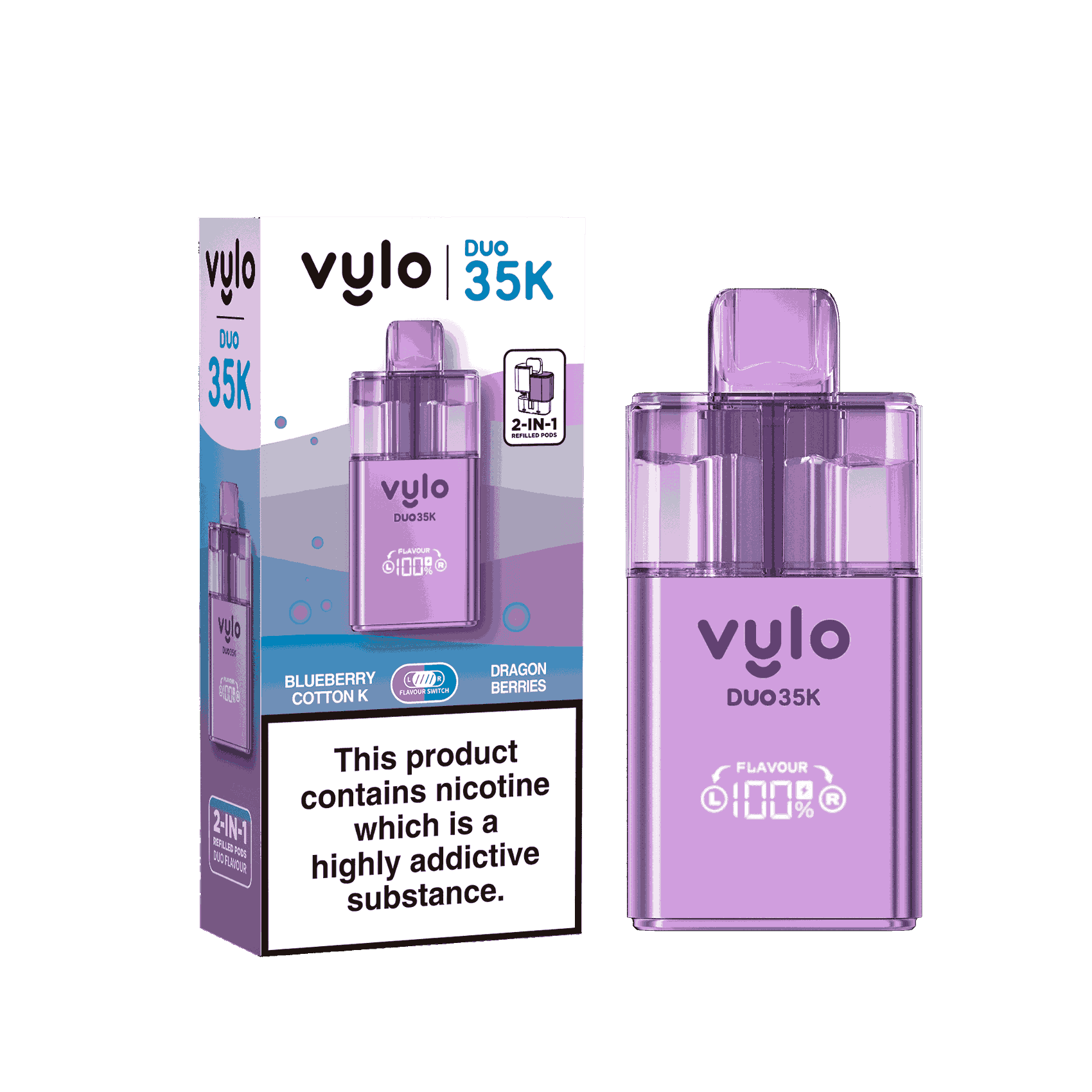 Vylo Duo 35k Prefilled 2 in 1 Pod Vape Box of 5 - Blueberry Cotton Candy & Dragon Berries Flavour