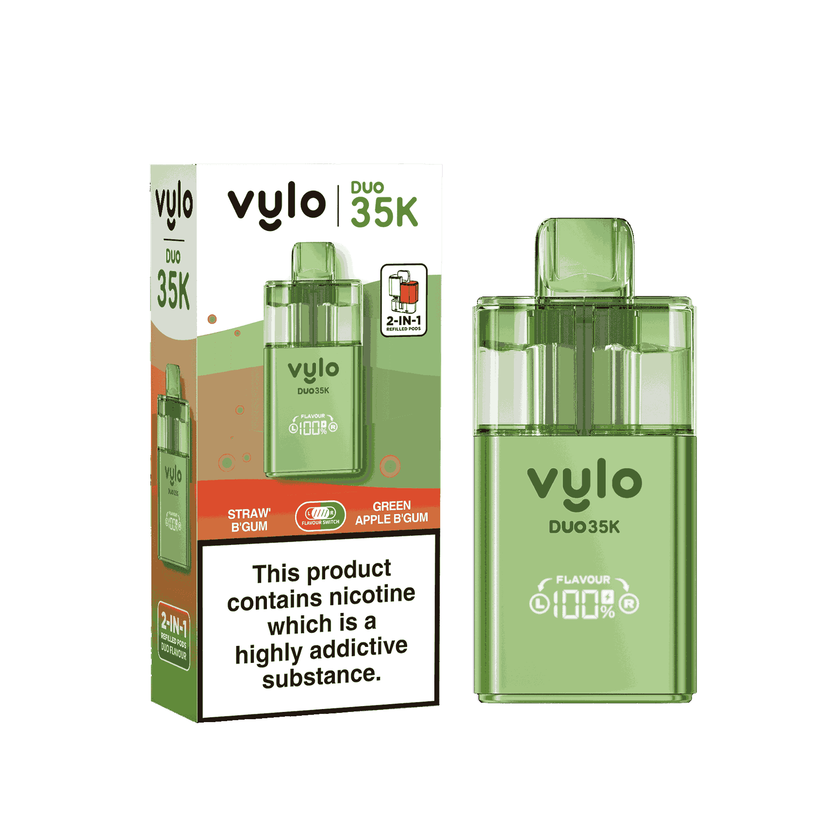 Vylo Duo 35k Prefilled 2 in 1 Pod Vape Box of 5 - Available In Straw B Gum & Green Apple B Gum